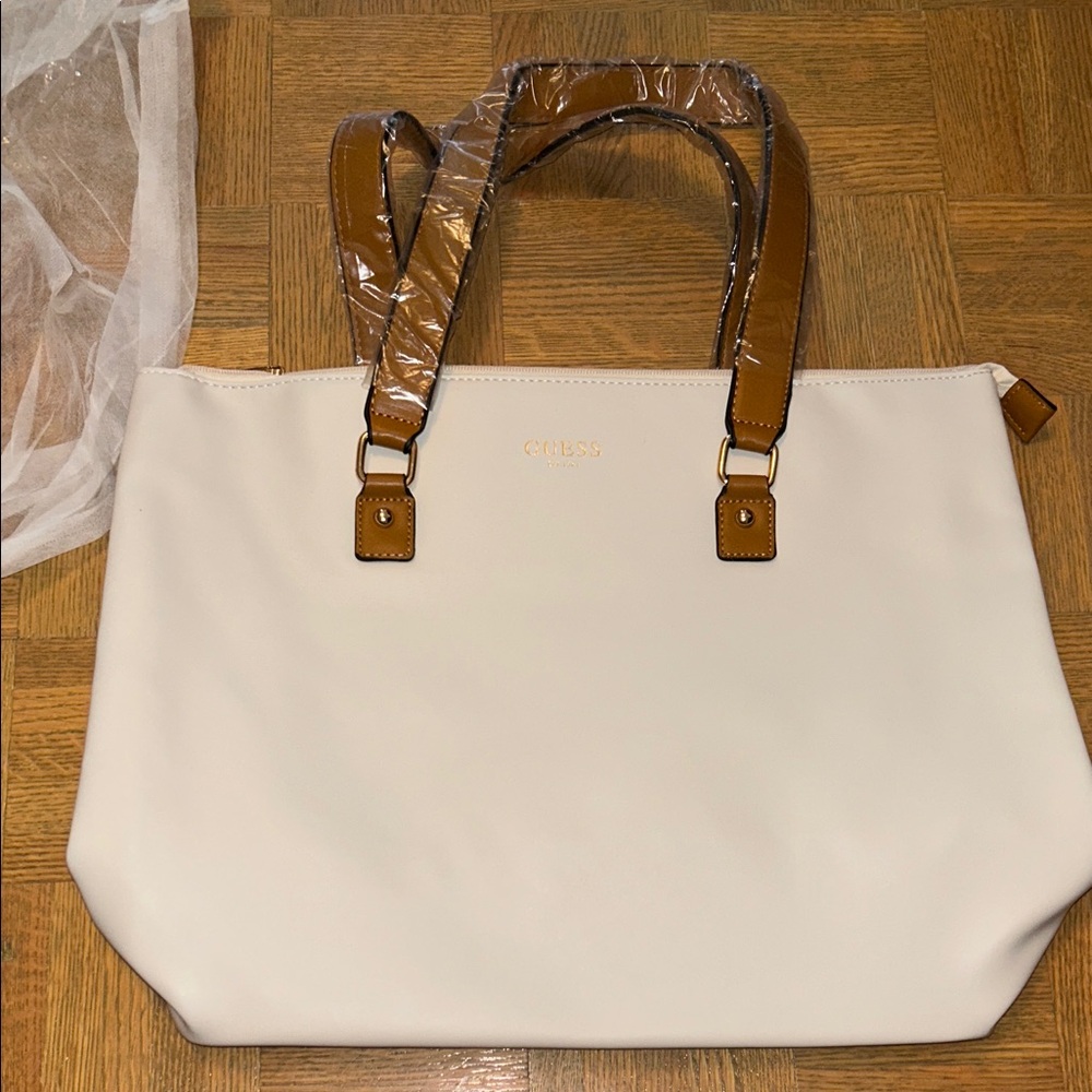 Guess White and Brown Tote Bag